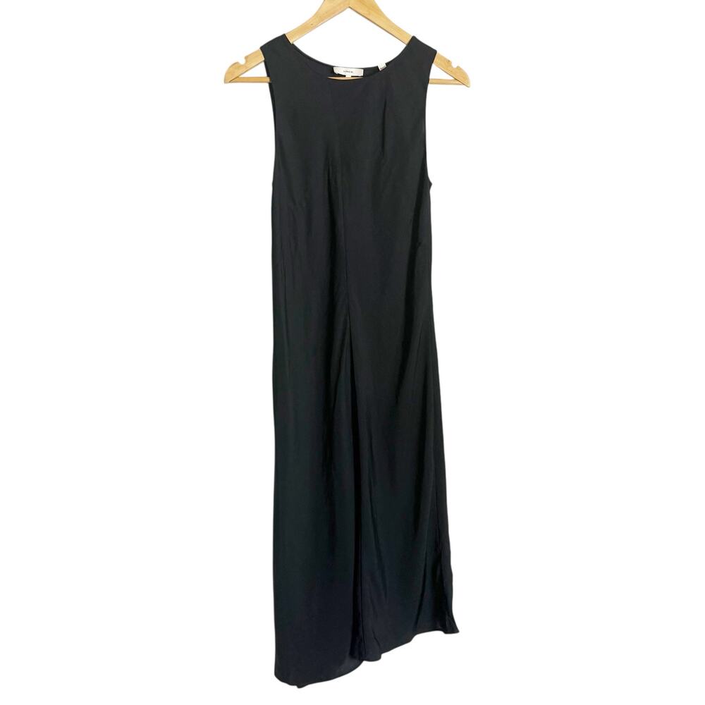 Vince Solid Black Minimalist Asymmetric Round Neck Flowy Midi Dress Size Small